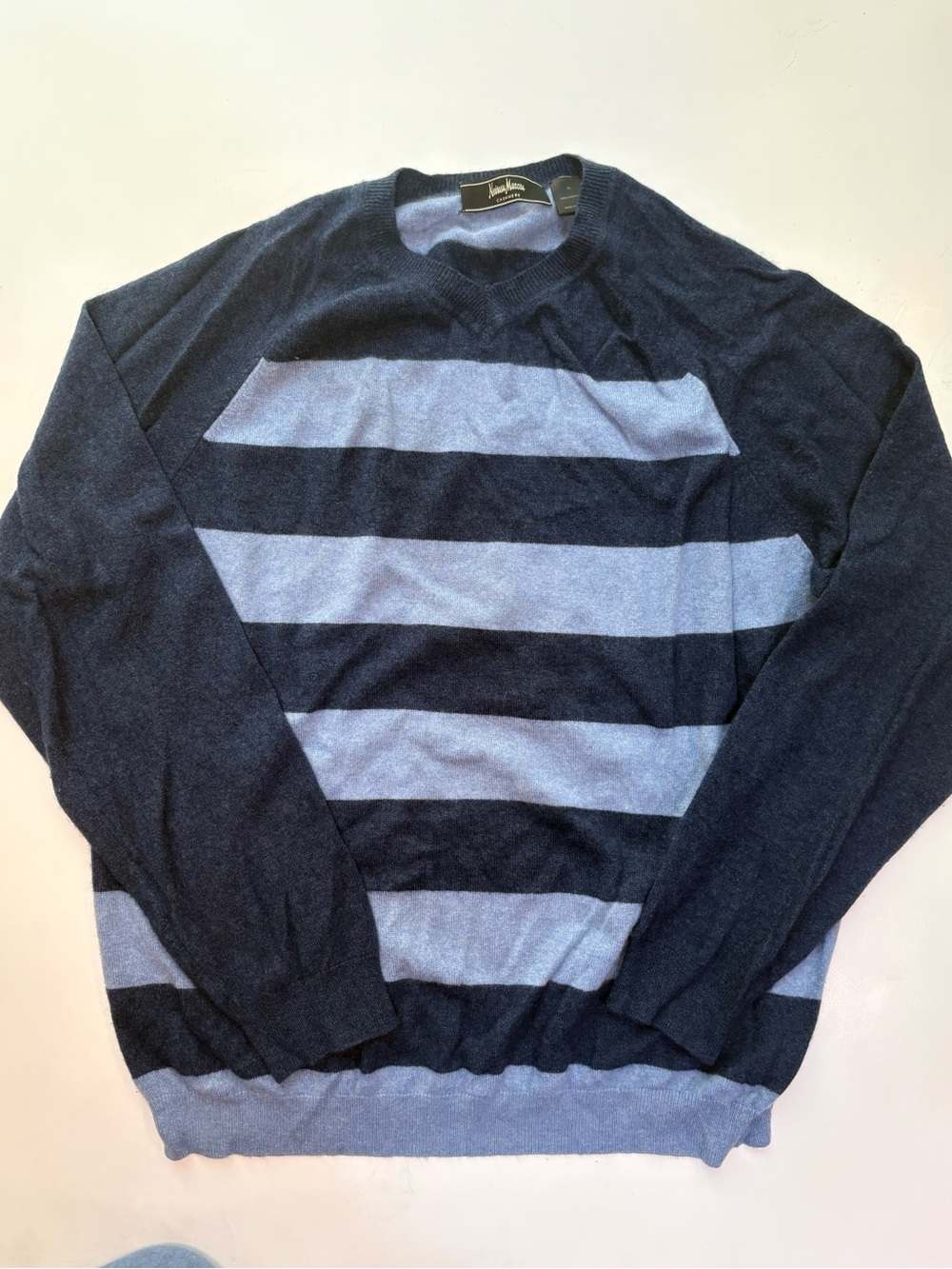 Neiman Marcus Men’s Cashmere Sweater Navy & Light Blue Rugby Stripes